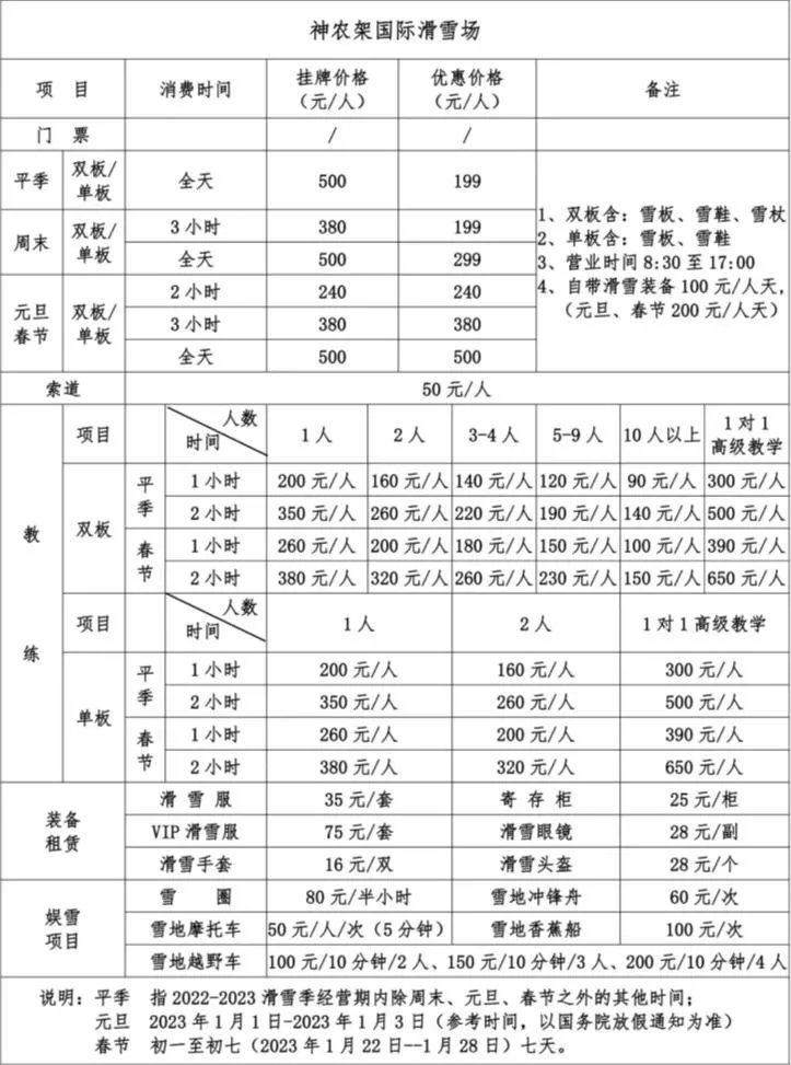 2022-2023神農(nóng)架國際滑雪場門票多少錢